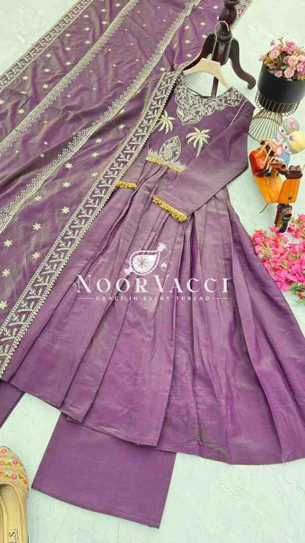 Roman Chimar Silk Gown with Palazzo & Dupatta – Designer Embroidered Party Set - Image 7