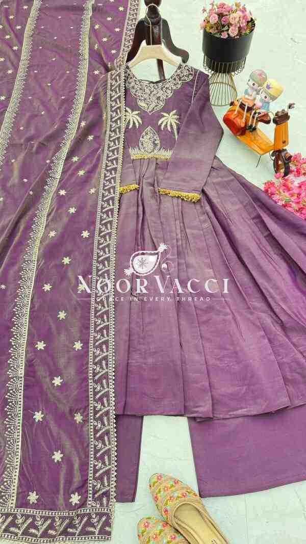 Roman Chimar Silk Gown with Palazzo & Dupatta – Designer Embroidered Party Set - Image 3