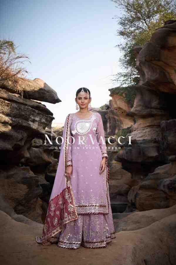 Faux Georgette Embroidered Sharara Set with Rivet Moti and Lace Detailing - Image 2