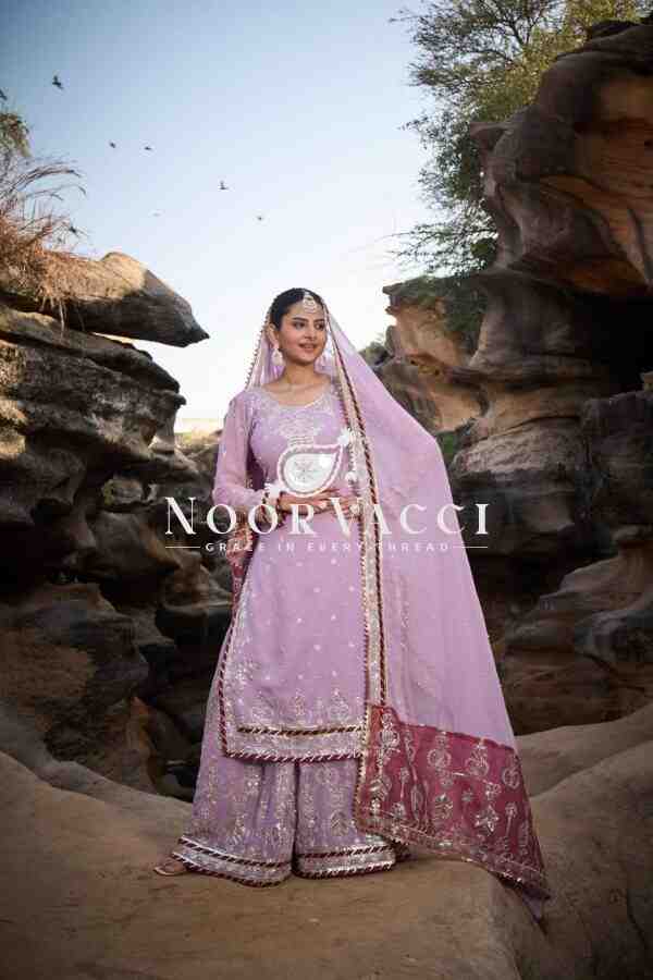 Faux Georgette Embroidered Sharara Set with Rivet Moti and Lace Detailing