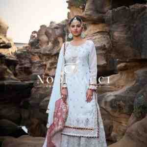 Faux Georgette Embroidered Sharara Set with Rivet Moti and Lace Detailing