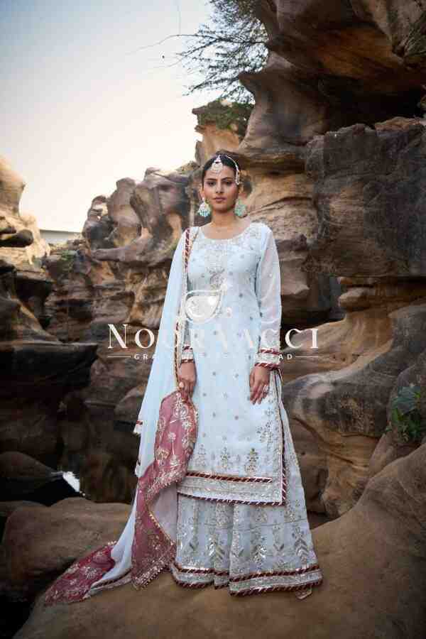 Faux Georgette Embroidered Sharara Set with Rivet Moti and Lace Detailing