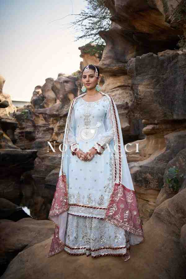 Faux Georgette Embroidered Sharara Set with Rivet Moti and Lace Detailing - Image 2