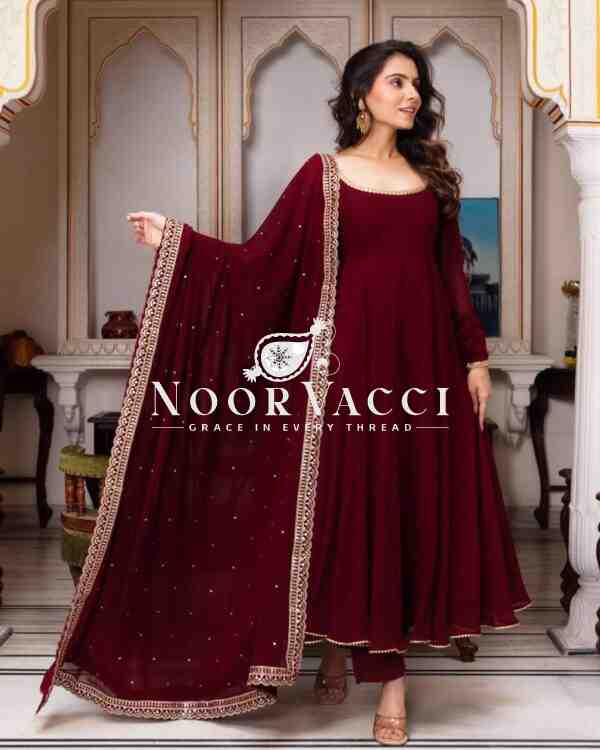 Faux Georgette Embroidered Flair Dress Set with Dupatta - Image 2