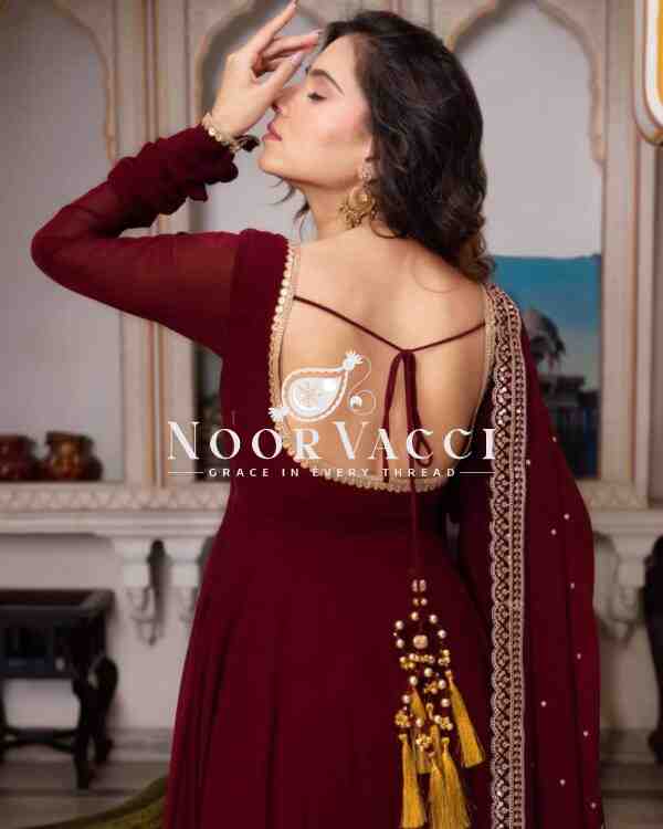 Faux Georgette Embroidered Flair Dress Set with Dupatta - Image 4