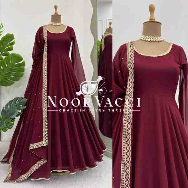 Faux Georgette Embroidered Flair Dress Set with Dupatta - Image 5
