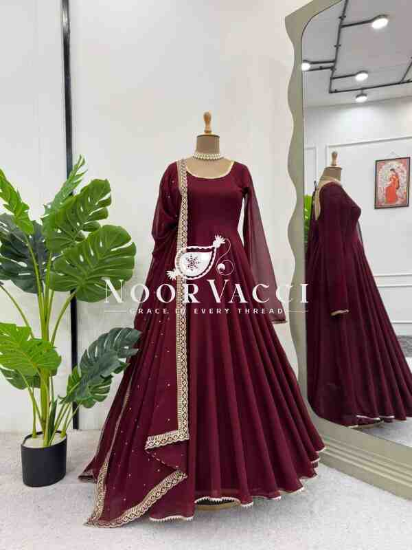 Faux Georgette Embroidered Flair Dress Set with Dupatta - Image 6