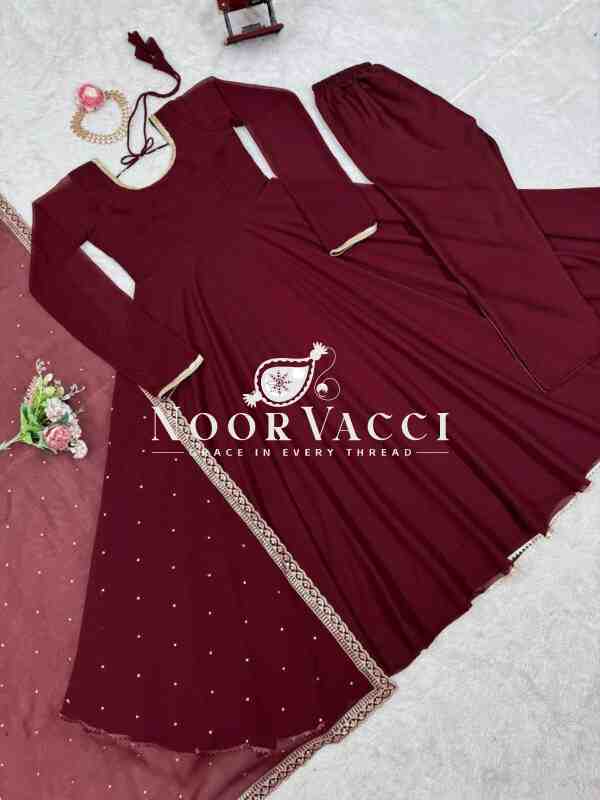 Faux Georgette Embroidered Flair Dress Set with Dupatta - Image 7