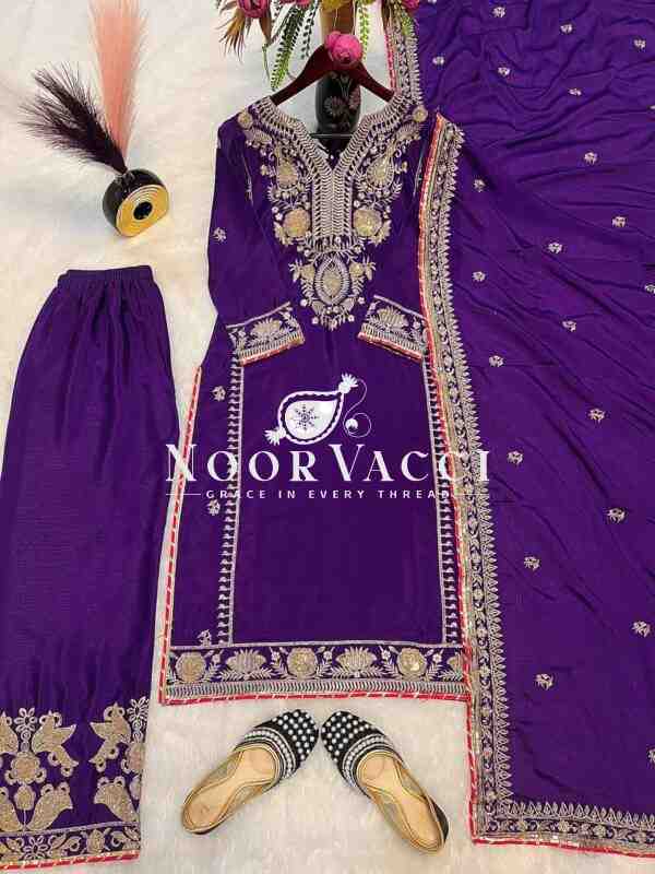 Luxurious Heavy Chinnon Silk Embroidered Plazzo Set with Dupatta – Premium Party & Festive Wear - Image 4