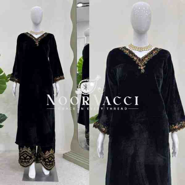 Viscose Velvet Embroidered Suit Set with Side Pocket Detail - Image 3