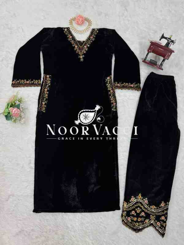 Viscose Velvet Embroidered Suit Set with Side Pocket Detail - Image 9