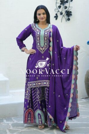 Buy Elegant Chinon Sharara Suit with Dazzling Coding Sequence Embroidery