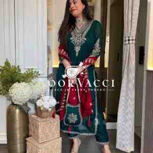 Chinon Silk Embroidered Top-Pant Set with Dupatta and Potli