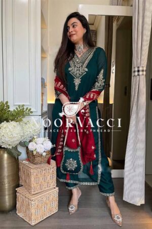 Shop Chinon Silk Embroidered Top-Pant Set with Dupatta and Potli