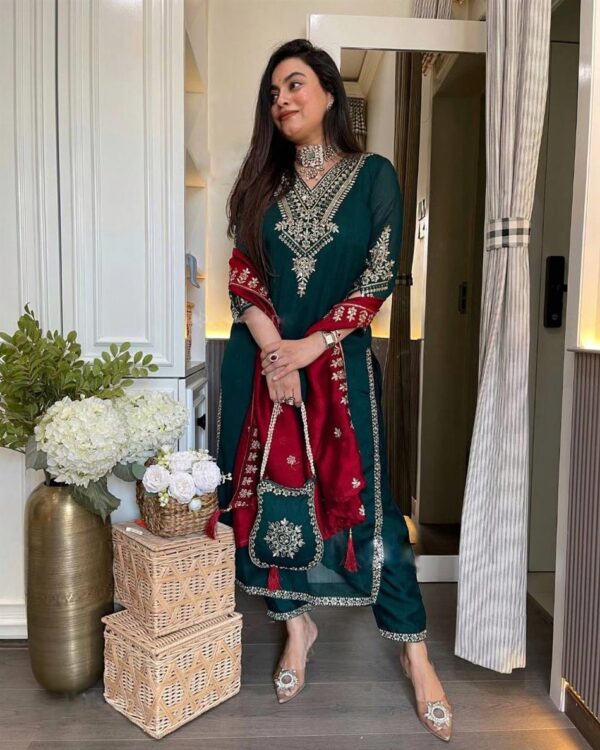 Shop Chinon Silk Embroidered Top-Pant Set with Dupatta and Potli