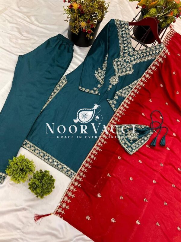 Shop Chinon Silk Embroidered Top-Pant Set with Dupatta and Potli - Image 6
