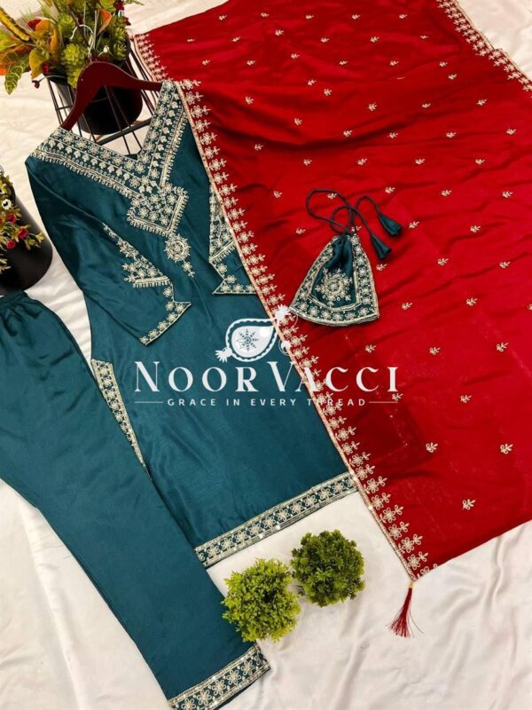 Shop Chinon Silk Embroidered Top-Pant Set with Dupatta and Potli - Image 7