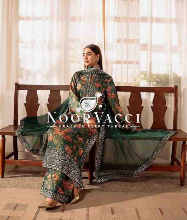 French Silk Embroidered Top with Digital Print Plazo Set and Faux Georgette Dupatta