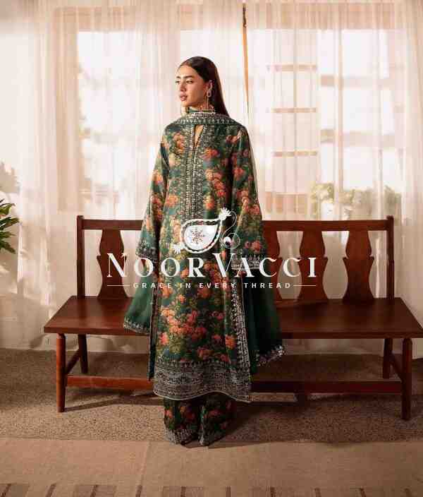 French Silk Embroidered Top with Digital Print Plazo Set and Faux Georgette Dupatta - Image 2