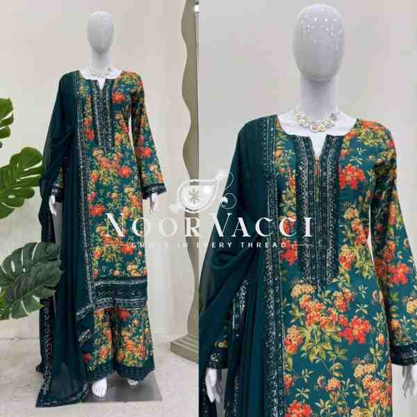French Silk Embroidered Top with Digital Print Plazo Set and Faux Georgette Dupatta - Image 3