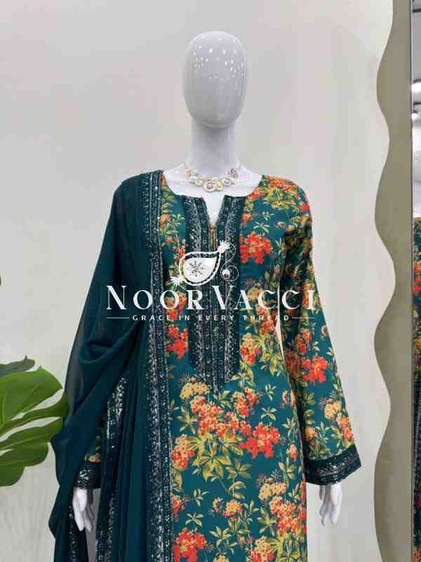 French Silk Embroidered Top with Digital Print Plazo Set and Faux Georgette Dupatta - Image 4