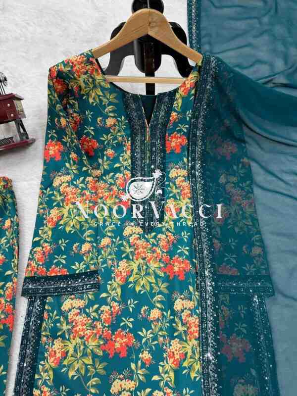 French Silk Embroidered Top with Digital Print Plazo Set and Faux Georgette Dupatta - Image 5