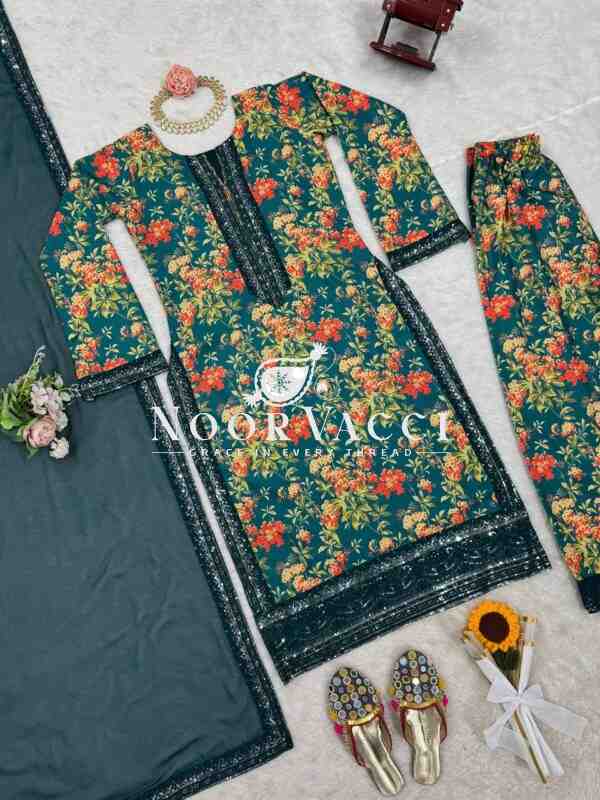 French Silk Embroidered Top with Digital Print Plazo Set and Faux Georgette Dupatta - Image 6