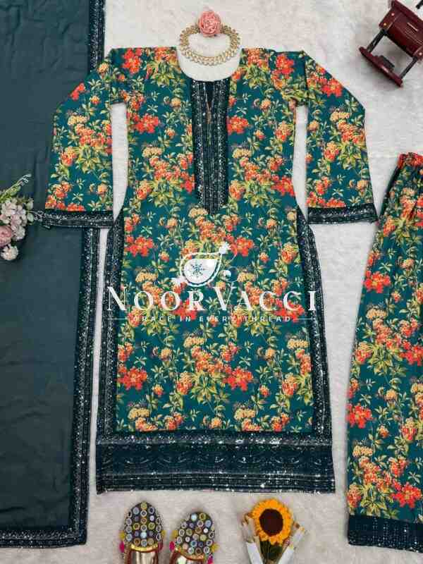 French Silk Embroidered Top with Digital Print Plazo Set and Faux Georgette Dupatta - Image 7