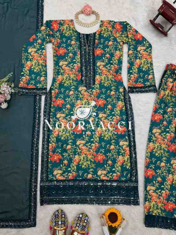 French Silk Embroidered Top with Digital Print Plazo Set and Faux Georgette Dupatta - Image 8