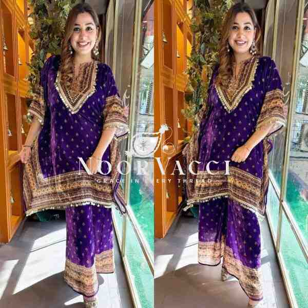 Viscose Velvet Kaftan with Digital Print and Matching Plazo Set - Image 2