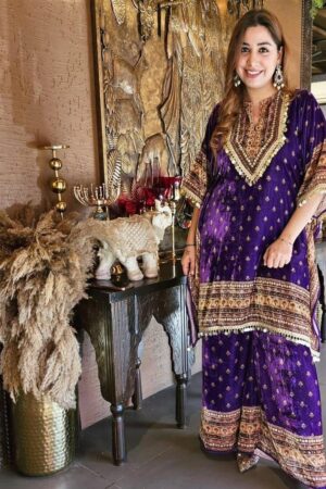 Shop Viscose Velvet Kaftan with Digital Print and Matching Plazo Set