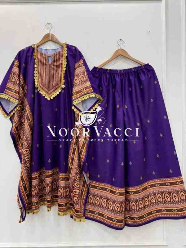 Viscose Velvet Kaftan with Digital Print and Matching Plazo Set - Image 4