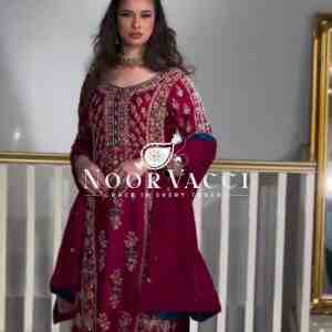Stunning Pakistani Style Party Wear Suit in Heavy Chinnon Silk with Embroidered Pant & Dupatta