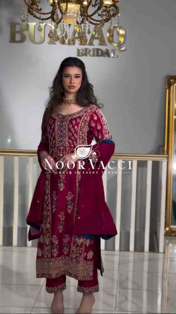 Stunning Pakistani Style Party Wear Suit in Heavy Chinnon Silk with Embroidered Pant & Dupatta