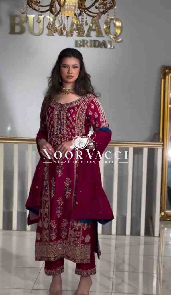Stunning Pakistani Style Party Wear Suit in Heavy Chinnon Silk with Embroidered Pant & Dupatta - Image 2