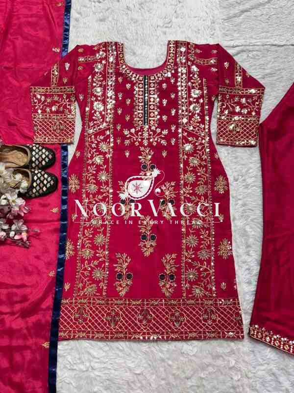 Stunning Pakistani Style Party Wear Suit in Heavy Chinnon Silk with Embroidered Pant & Dupatta - Image 4