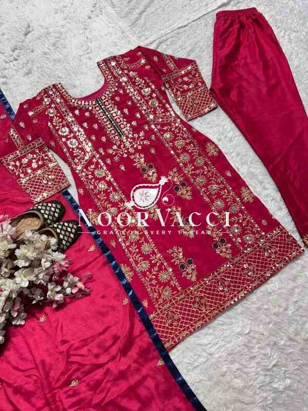 Stunning Pakistani Style Party Wear Suit in Heavy Chinnon Silk with Embroidered Pant & Dupatta - Image 5