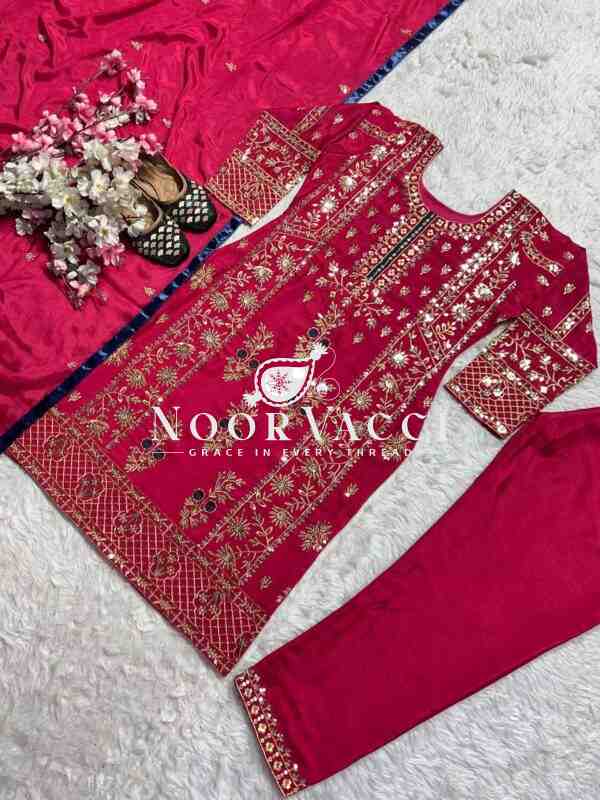 Stunning Pakistani Style Party Wear Suit in Heavy Chinnon Silk with Embroidered Pant & Dupatta - Image 6