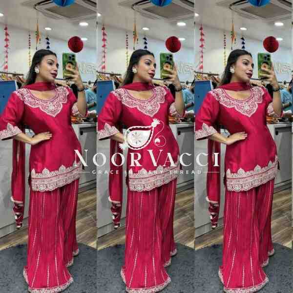 Elegant Chinnon Silk Sharara Suit with Embroidery & Lace Dupatta - Image 2