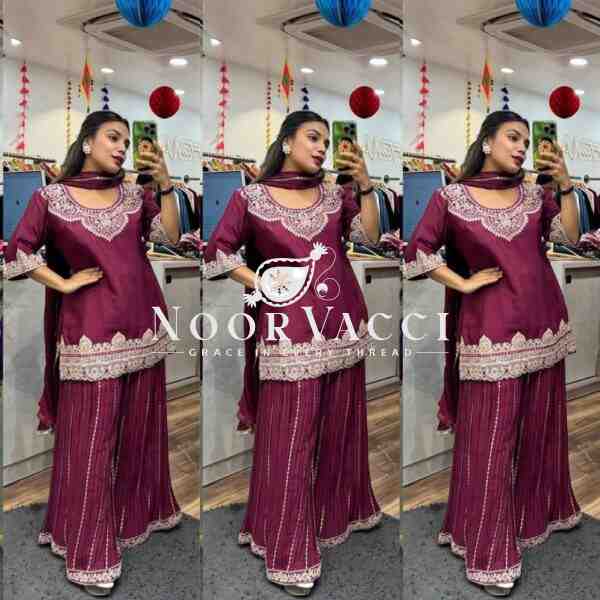 Elegant Chinnon Silk Sharara Suit with Embroidery & Lace Dupatta - Image 2