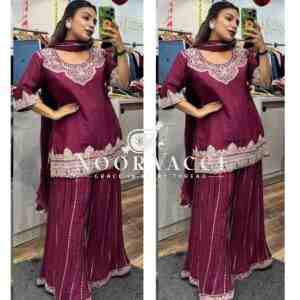 Elegant Chinnon Silk Sharara Suit with Embroidery & Lace Dupatta
