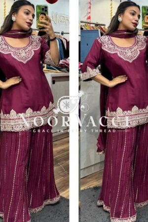 Buy Elegant Chinnon Silk Sharara Suit with Embroidery & Lace Dupatta