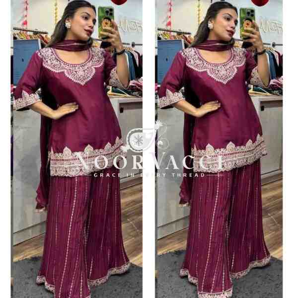 Elegant Chinnon Silk Sharara Suit with Embroidery & Lace Dupatta