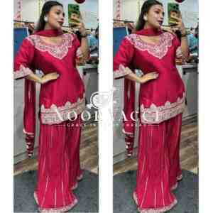 Elegant Chinnon Silk Sharara Suit with Embroidery & Lace Dupatta