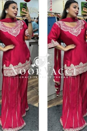 Shop Elegant Chinnon Silk Sharara Suit with Embroidery & Lace Dupatta
