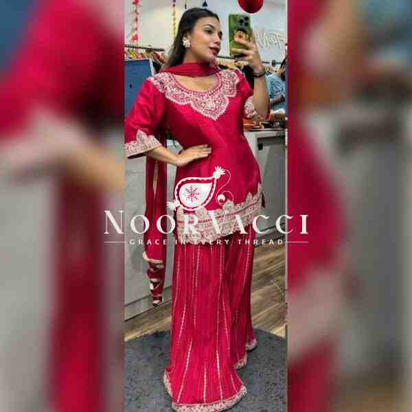 Elegant Chinnon Silk Sharara Suit with Embroidery & Lace Dupatta - Image 3