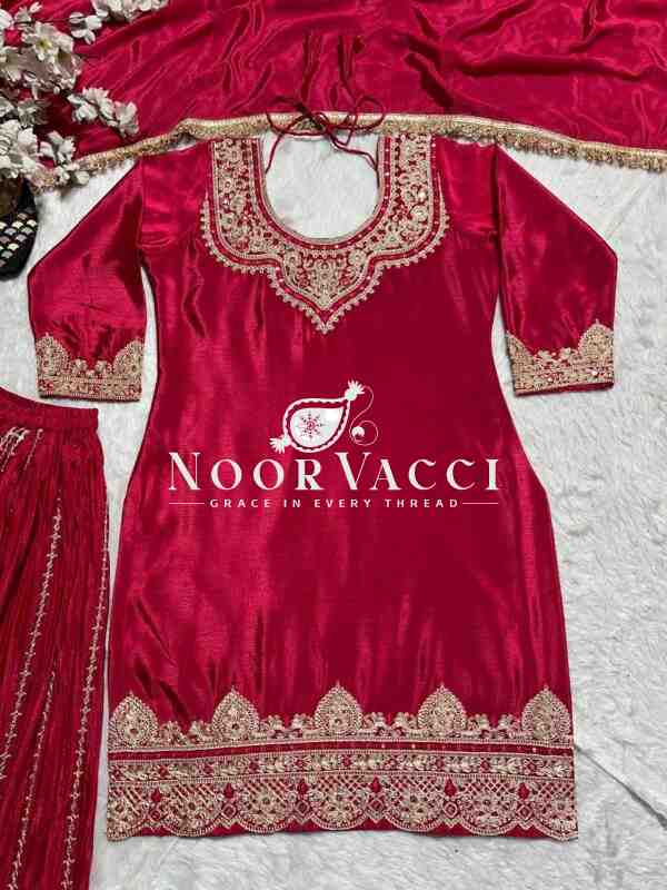 Elegant Chinnon Silk Sharara Suit with Embroidery & Lace Dupatta - Image 5