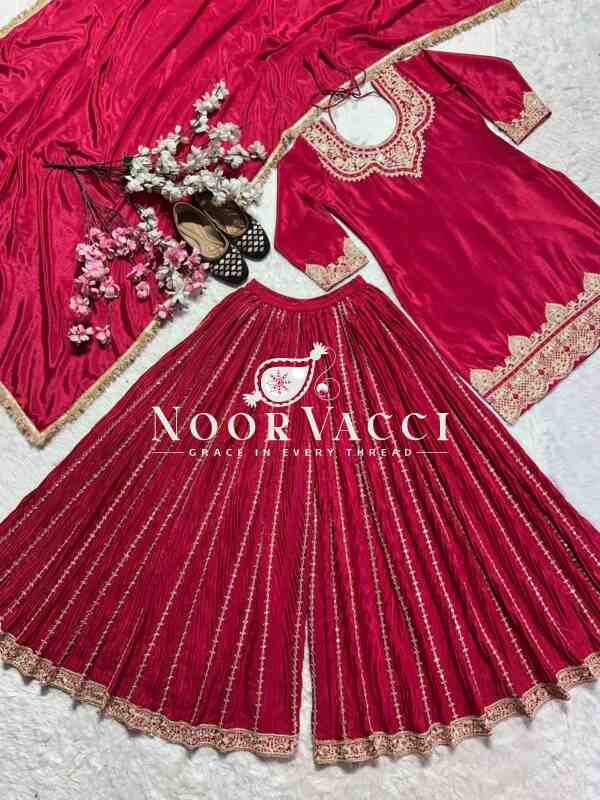 Elegant Chinnon Silk Sharara Suit with Embroidery & Lace Dupatta - Image 6