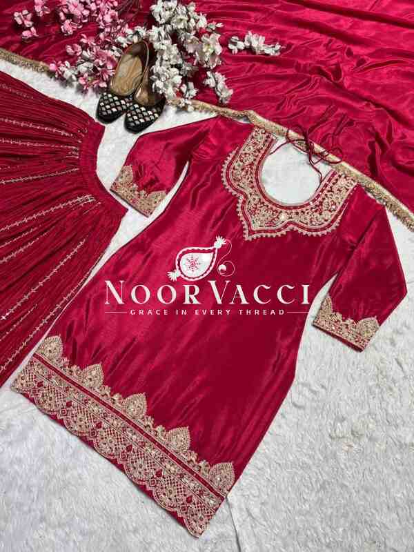 Elegant Chinnon Silk Sharara Suit with Embroidery & Lace Dupatta - Image 7