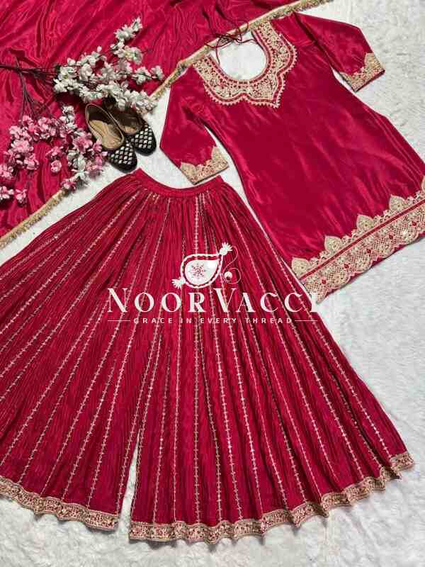 Elegant Chinnon Silk Sharara Suit with Embroidery & Lace Dupatta - Image 4